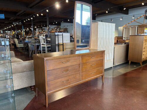 BROYHILL Vintage Mid-Century Modern Premier Forward Walnut 6-Drawer Lowboy Dresser with Mirror