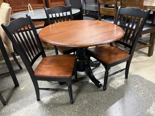 Two Tone Petite Drop Leaf Pedestal Table w/ 3 Slatback Wood Chairs