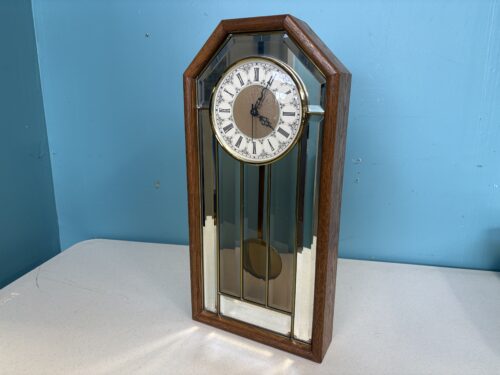 Vintage Wooden Pendulum Wall Clock with Leaded Smoked Glass and Faceted Mirror Front