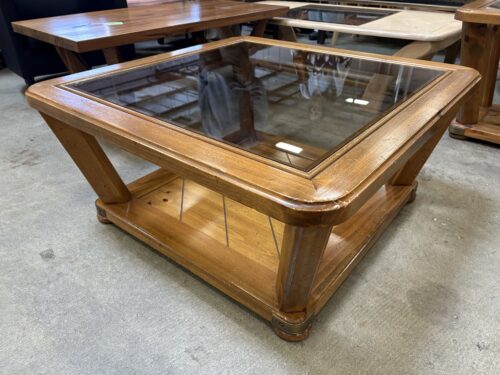 Vintage Natural Finish Wooden Coffee Table with Glass Top Panel