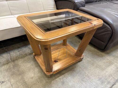 Vintage Natural Finish Wooden Accent Table with Glass Panel