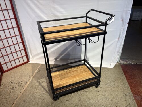 NEW! Black Metal Rolling Bar Cart with Natural Wood Shelves
