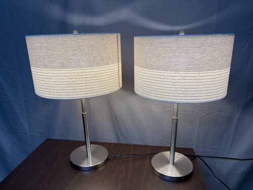 Modern Scandinavian Style Chrome Table Lamp w/ Beige Drum Shade (Set of 2)