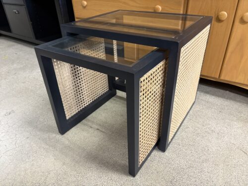 Black Glass Top Nesting End Table with Cane Side Panels (Set of 2) (Bellevue Store)