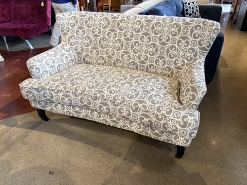 Grey Swirl Settee with Curved Wood Legs