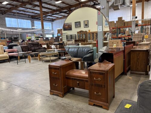 Vintage Ornate Wooden Vanity Table with Round Mirror