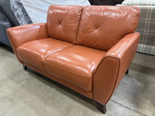 MACY'S Myia Terracotta Leather Loveseat with Decorative Stitching and Splayed Feet
