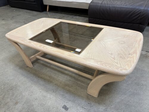 Light Wood 2 Tier Coffee Table with Tapered Base and Smoked Glass Insert Top