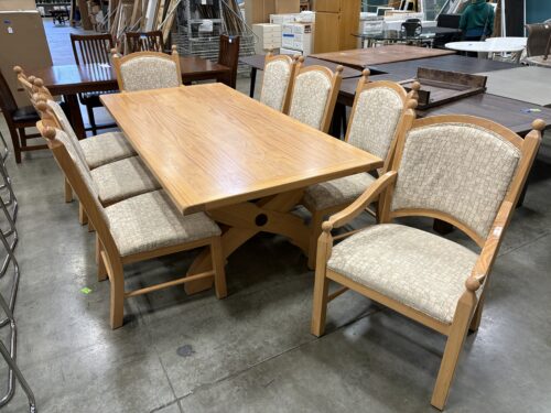 LEXINGTON Light Wood Rectangular Dining table with Wood and Wrought Iron Testle Base and 8 Chairs