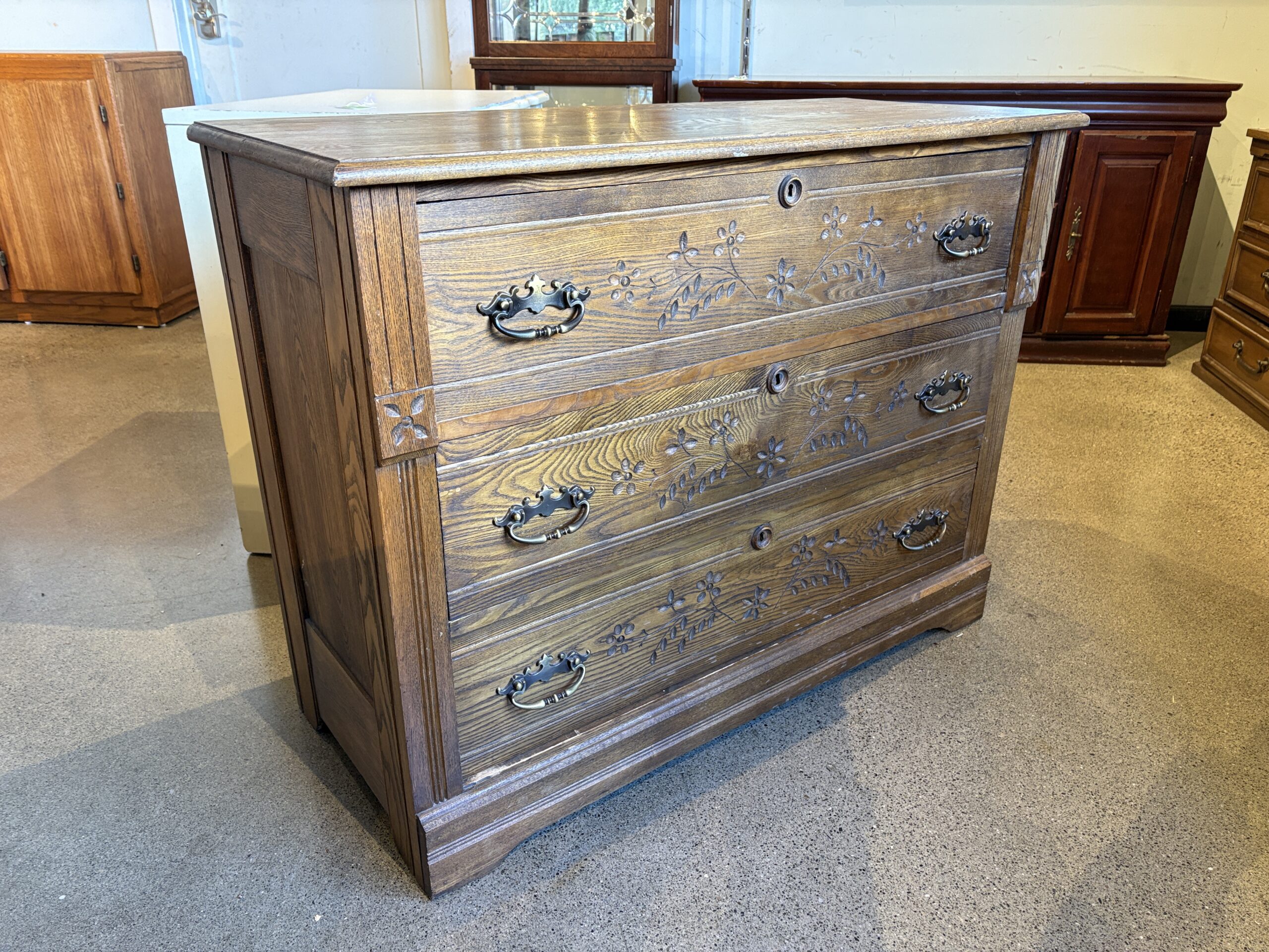 Antique Carved Floral 3-Drawer Dresser