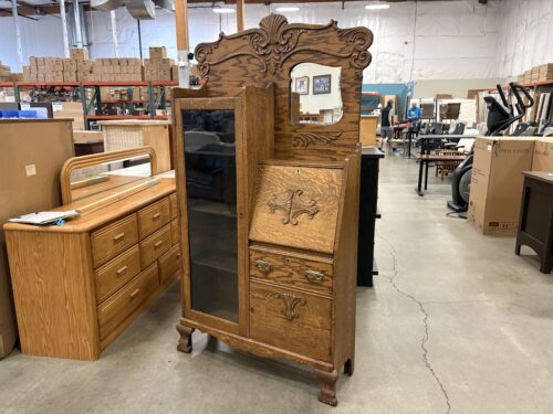 Vintage Wooden Side-by-Side Secretary Desk and Glass Door Cabinet Bookcase with Key