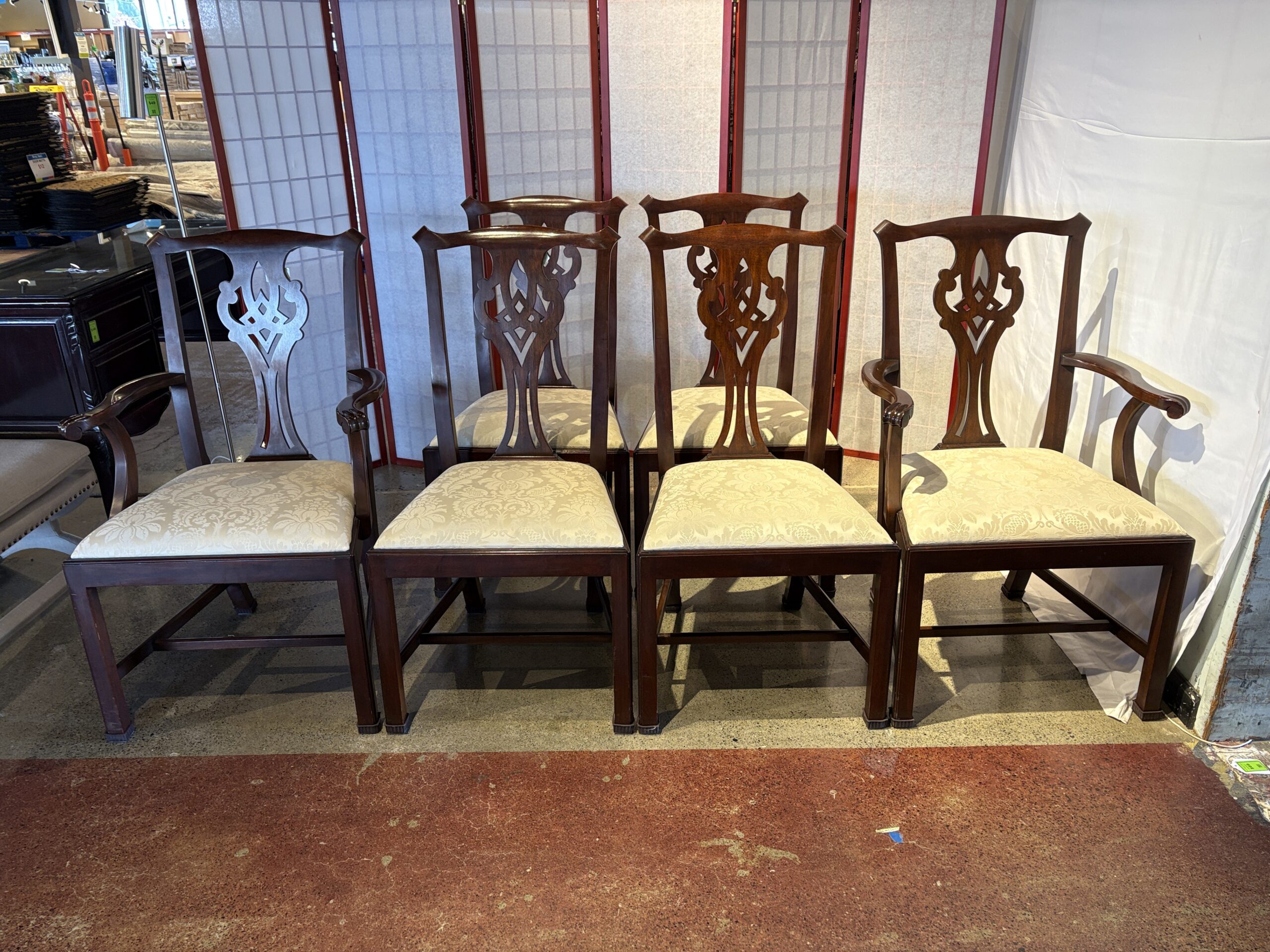 HENKEL HARRIS CO Vintage Chippendale Style Mahogany White Floral Dining Chairs (Set of 6)