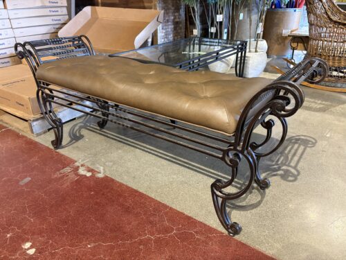 BASSETT Ornate Wrought Iron Brown Tufted Leather Bench