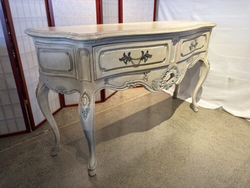French Provincial Style Distressed Cream Wood Carved Console Table