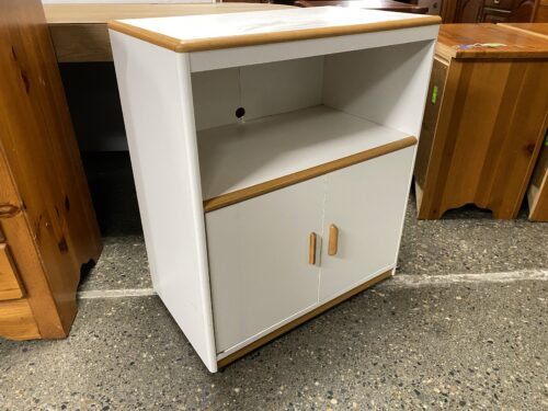 White & Wood Trim Rolling Cabinet