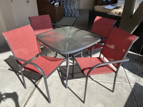 Textured Glass Square Outdoor Table w/ 4 Red Upholstered Chairs