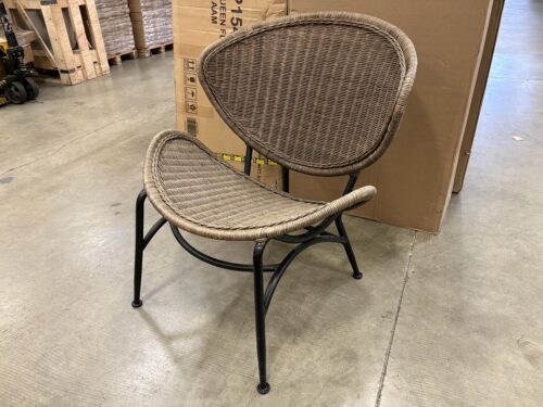 Brown Wicker Clam Shell Shaped Patio Chair with Black Metal Frame