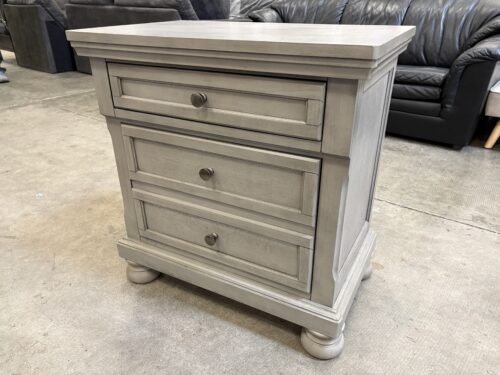 ASHLEY FURNITURE Grey Farmhouse Style 2 Drawer Nightstand with Bun Feet and Hidden Pull Out Tray