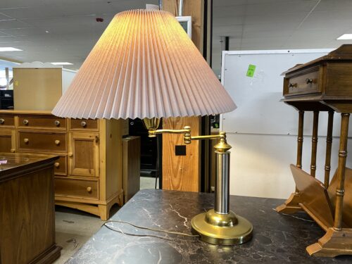 Vintage Brushed Nickel & Brass Swing Arm Table Lamp w/ Tan Pleated Shade