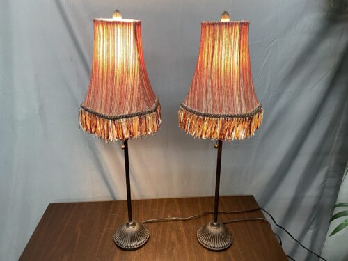 Slender Bronze Table Lamp w/ Pink Stripped Fringe Shade (Set of 2)