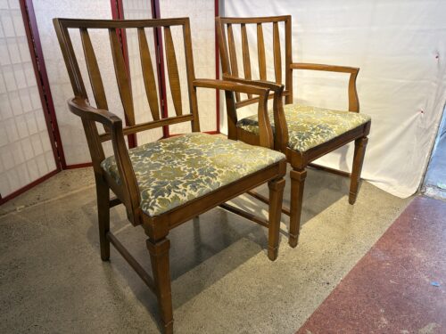 STATESVILLE Vintage Mid-Century Modern Walnut Dining Armchairs with Green Floral Upholstery (Set of 2)