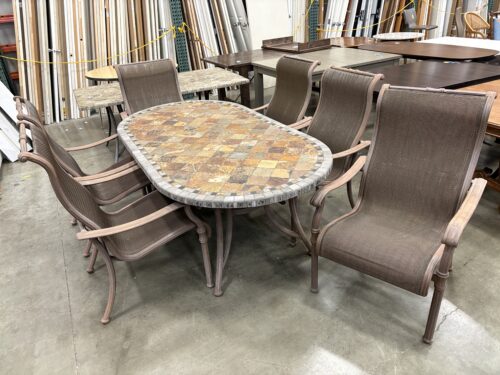 Oval Grey and Brown Tile Mosaic Patio Table with 6 Brown Metal Frame Chairs