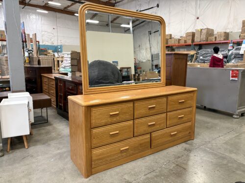 Maple Finished 8 Drawer Lowboy Dresser with Finger Pulls and Wooden Framed Mirror