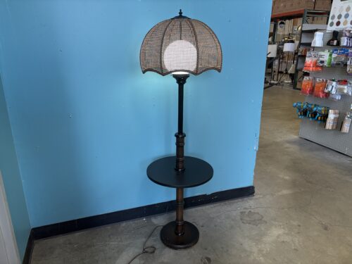 Vintage Tray Table Lamp with Rattan Shade and Bamboo Style Wooden Base