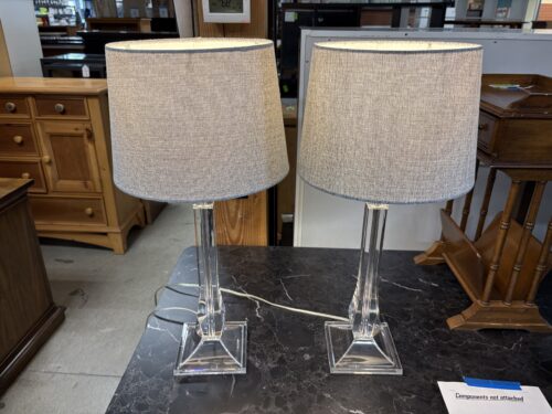 Clear Column Table Lamp w/ Light Grey Fabric Shade (Set of 2)
