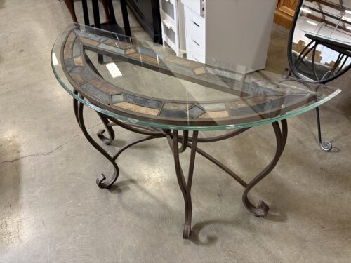 Grey and Brown Tile Mosaic Demilune Console Table with Glass Top and Metal Base