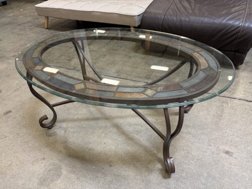 Oval Grey and Brown Tile Mosaic Coffee Table with Glass Top and Metal Base