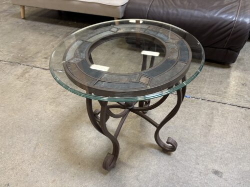 Round Grey and Brown Tile Mosaic End Table with Glass Top and Metal Base