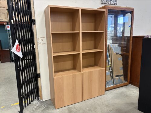Light Finished 3 Tier Double Bookcase with Bottom Cabinet