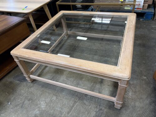 Square Light Wood Open Frame Coffee Table with Glass Top