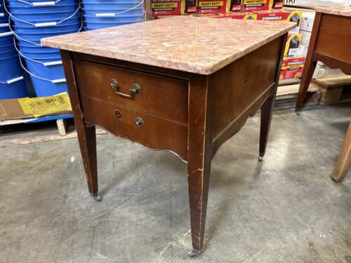 Vintage Wooden Single Drawer Nightstand with Pink Marble Top and Castors