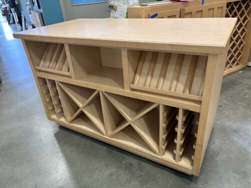 Large Rolling Light Wood Double Sided Wine Storage Cabinet