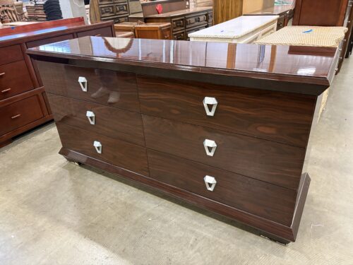 Dark High Gloss Lacquered 6 Drawer Lowboy Dresser with Silver Geometric Drawer Pulls