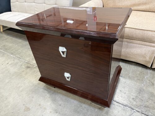 Dark High Gloss Lacquered 2 Drawer Nightstand with Silver Geometric Pulls