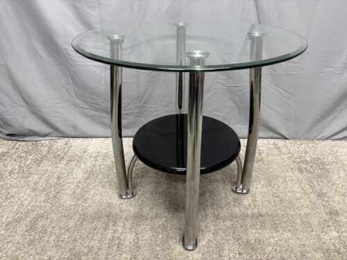 ASHLEY Modern 2-Tier Round Glass Top End Table w/ Chrome Legs