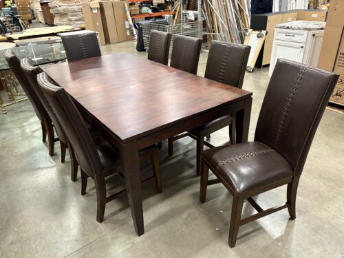 Espresso Finished Rectangular Dining Table with 8 Brown Leather Stitched Chairs