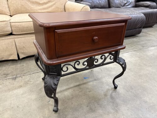 Cherry Finished Single Drawer Side Table with Ornate Metal Base