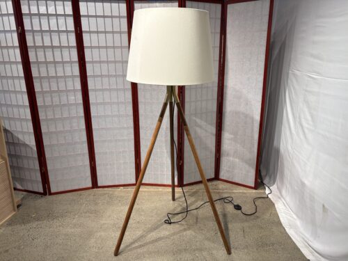 MCM Wooden Tripod Floor Lamp with Gold Accents