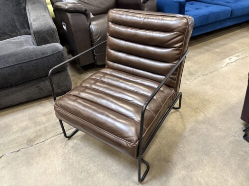 Chocolate Brown Channel Stitched Leather Accent Chair with Black Metal Frame
