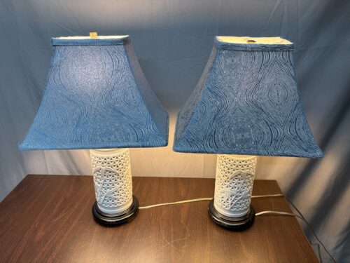 Vintage White Pierced Porcelain Table Lamp w/ Blue & White Pagoda Shade (Set of 2)