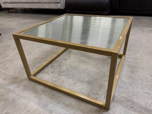 Gold Tone Open Frame Square Coffee Table with Reeded Glass Top