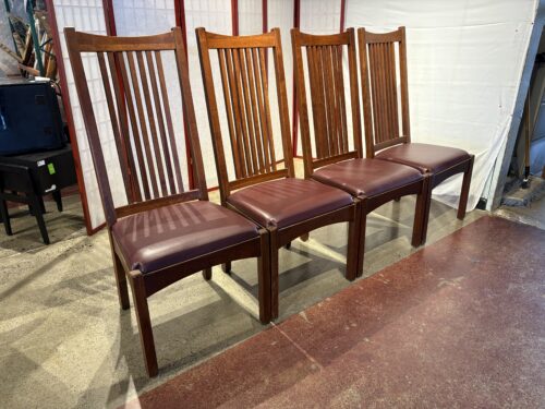 BENTWOOD FURNITURE Mission Style High Back Dining Chairs with Wine Red Leather Seat  (Set of 4)