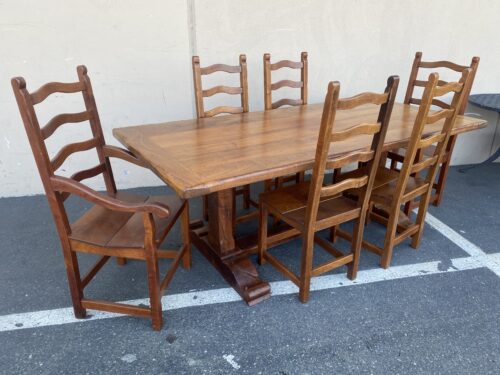 Rustic Solid Wood Trestle Dining Set w/ 6 Ladder-Back Chairs