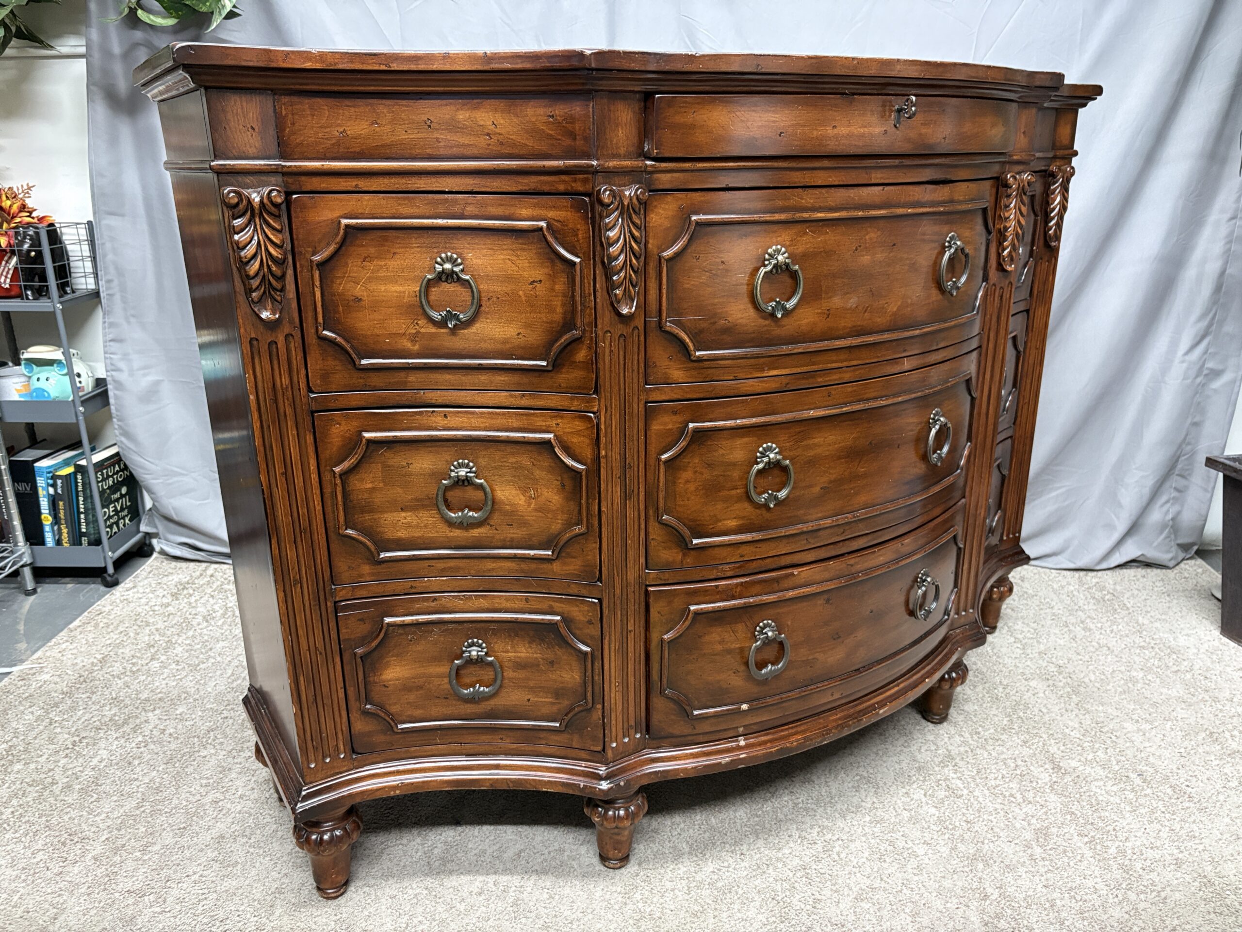 Vintage Decoratively Carved Wood Curved 10 Drawer Dresser