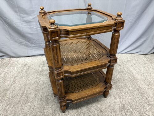THOMASVILLE 3-Tiered Cane Shelf Glass Top Carved Wood End Table