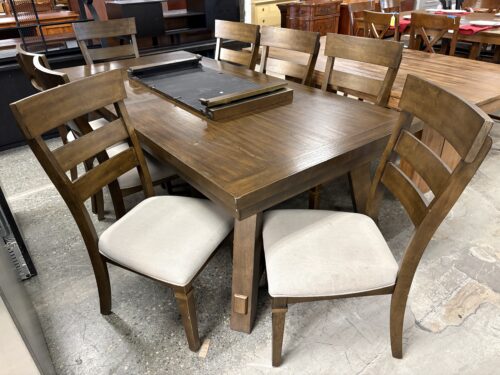 GREEN RIVER  Rustic Wood Trestle Extension Table w/ 8 Upholstered Ladderback Chairs